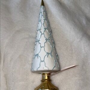 Cupcakes and cashmere Christmas Tree w blue bows across white cone & gold base